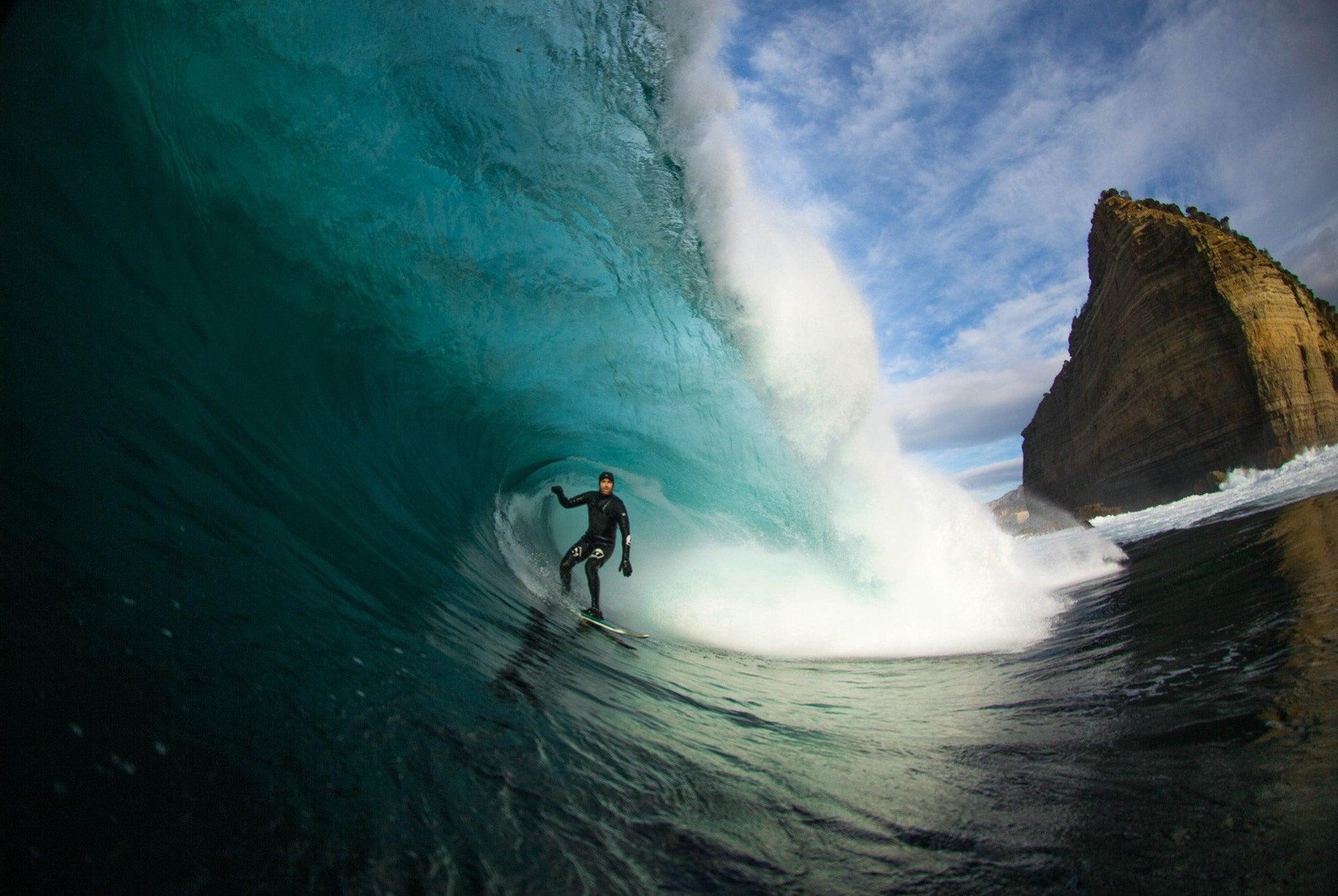 Nick Green in action filming surfing at Shipsterns, Tasmania Australia