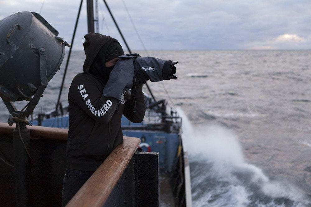 Sea Shepherd team member using AquaTech gear on the Steve Irwin